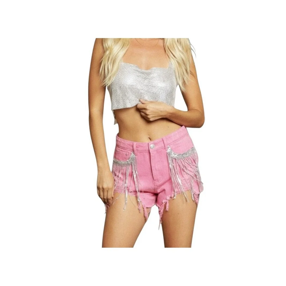 Blue Buttercup Hot Pink‎ Fringe Frayed Denim Shorts Rhinestone Sequin Small NWT